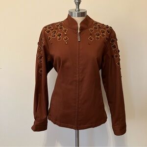 Bob Mackie Wearable Art Jacket Brown Gems Western Embroidered Zip Woman Sz. S